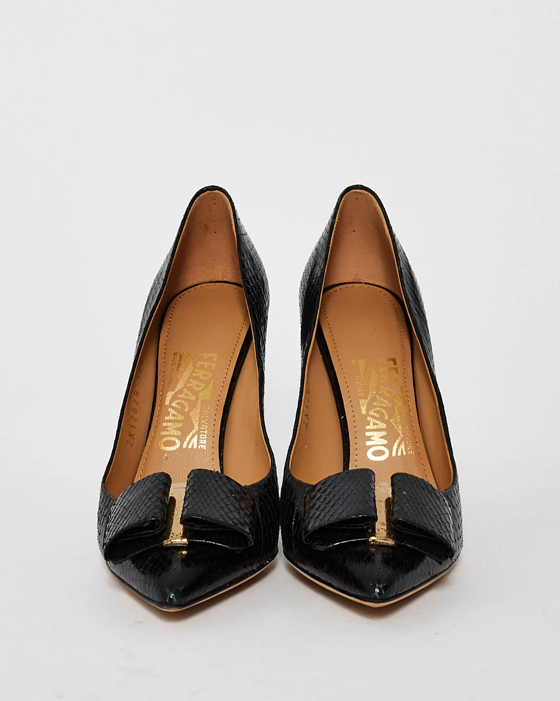 Salvatore Ferragamo Black Snakeskin Bow Leather Pumps - 6.5