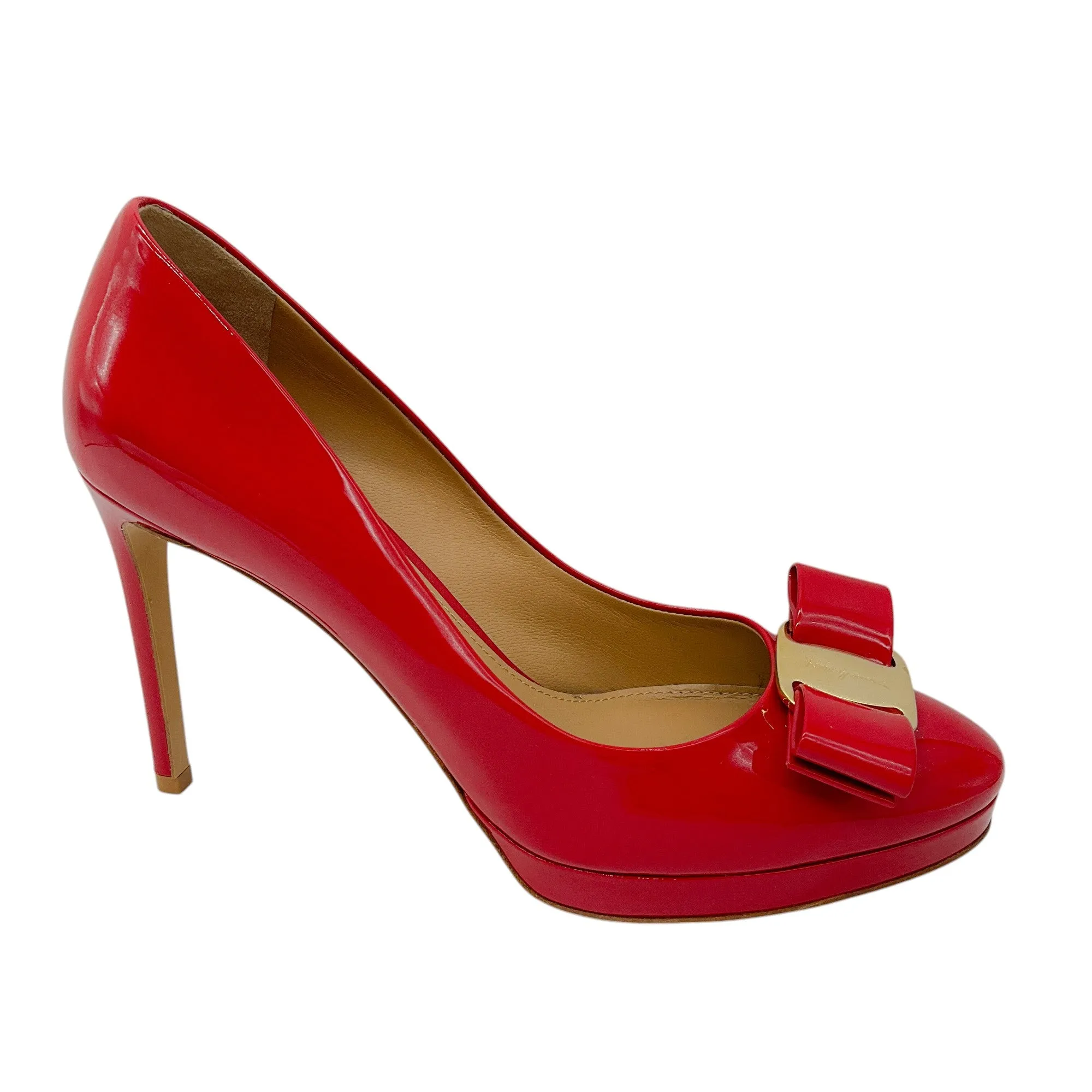 Salvatore Ferragamo Red Bow Detail Patent Leather Pumps