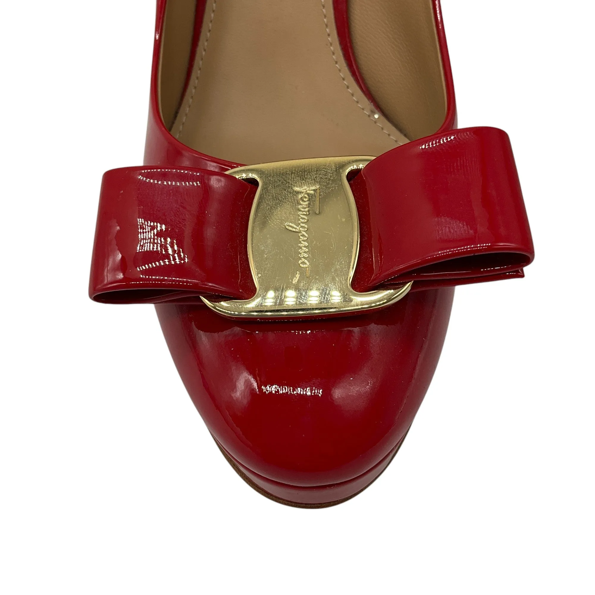 Salvatore Ferragamo Red Bow Detail Patent Leather Pumps
