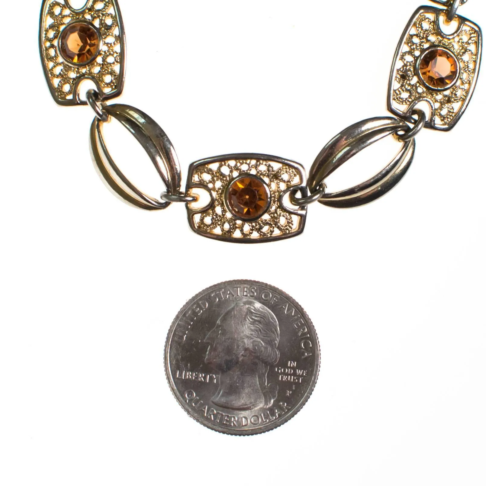 Sarah Coventry Amber Topaz Crystal and Filigree Link Panel Bracelet