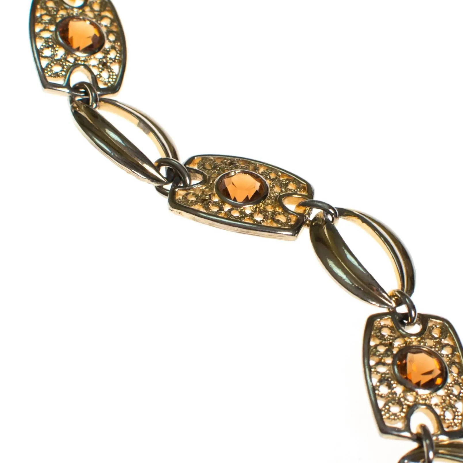 Sarah Coventry Amber Topaz Crystal and Filigree Link Panel Bracelet