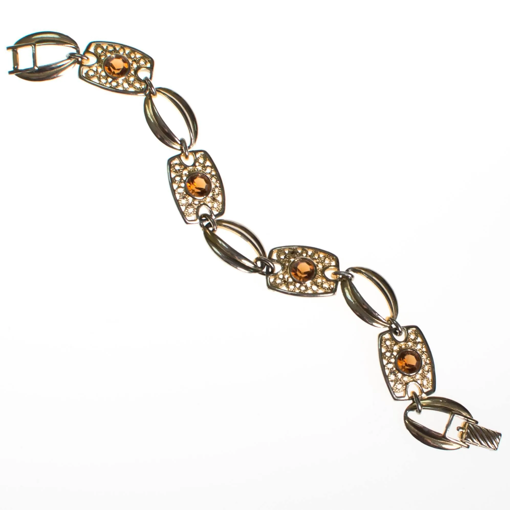 Sarah Coventry Amber Topaz Crystal and Filigree Link Panel Bracelet