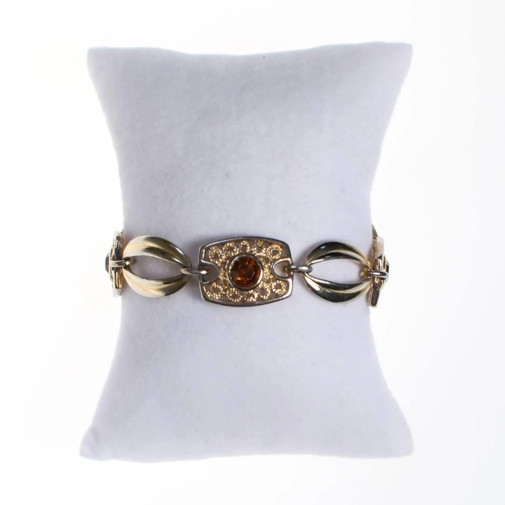 Sarah Coventry Amber Topaz Crystal and Filigree Link Panel Bracelet
