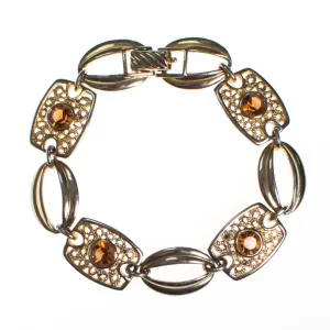 Sarah Coventry Amber Topaz Crystal and Filigree Link Panel Bracelet