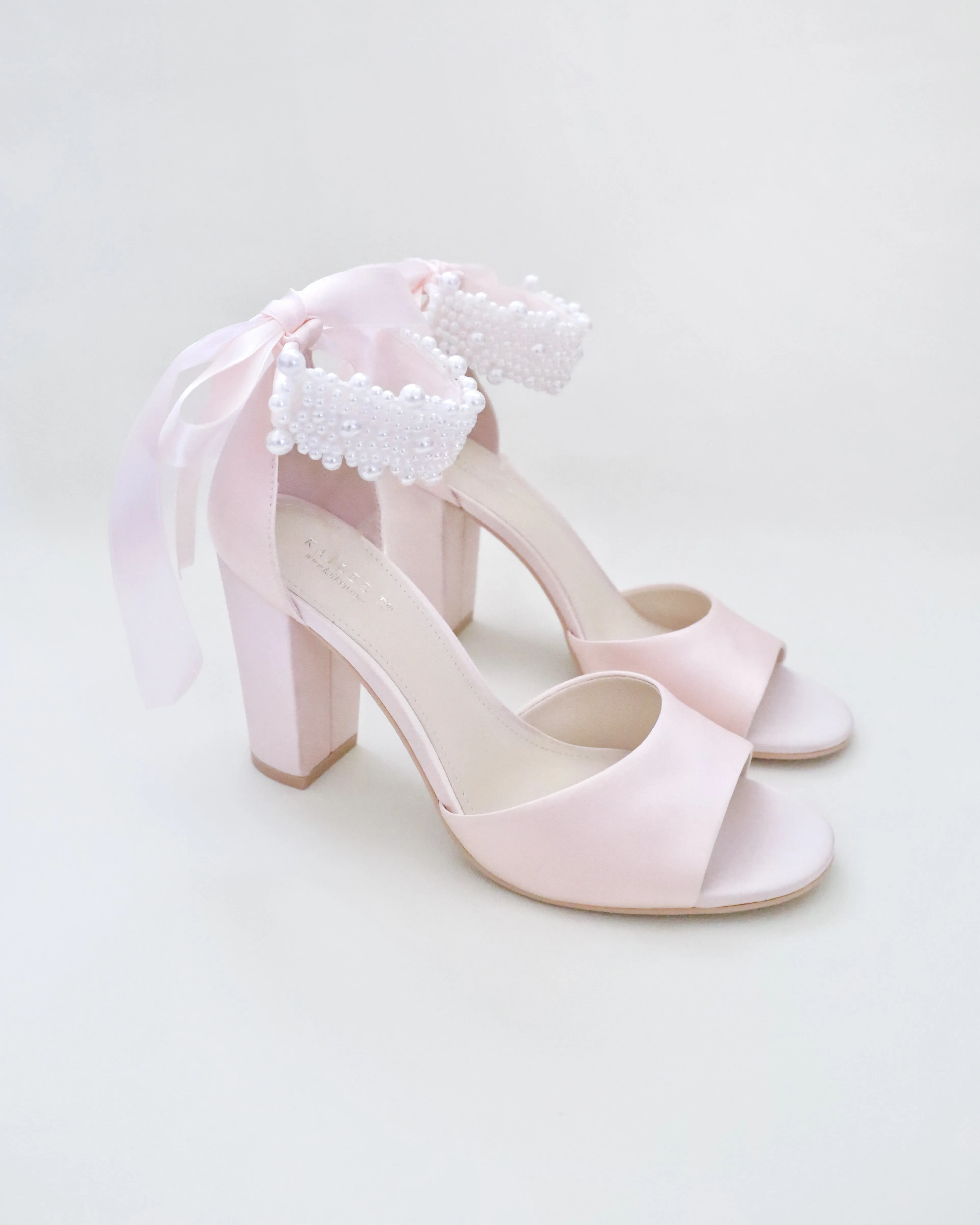Satin Block Heel Evening Sandals with Perla Ankle Strap