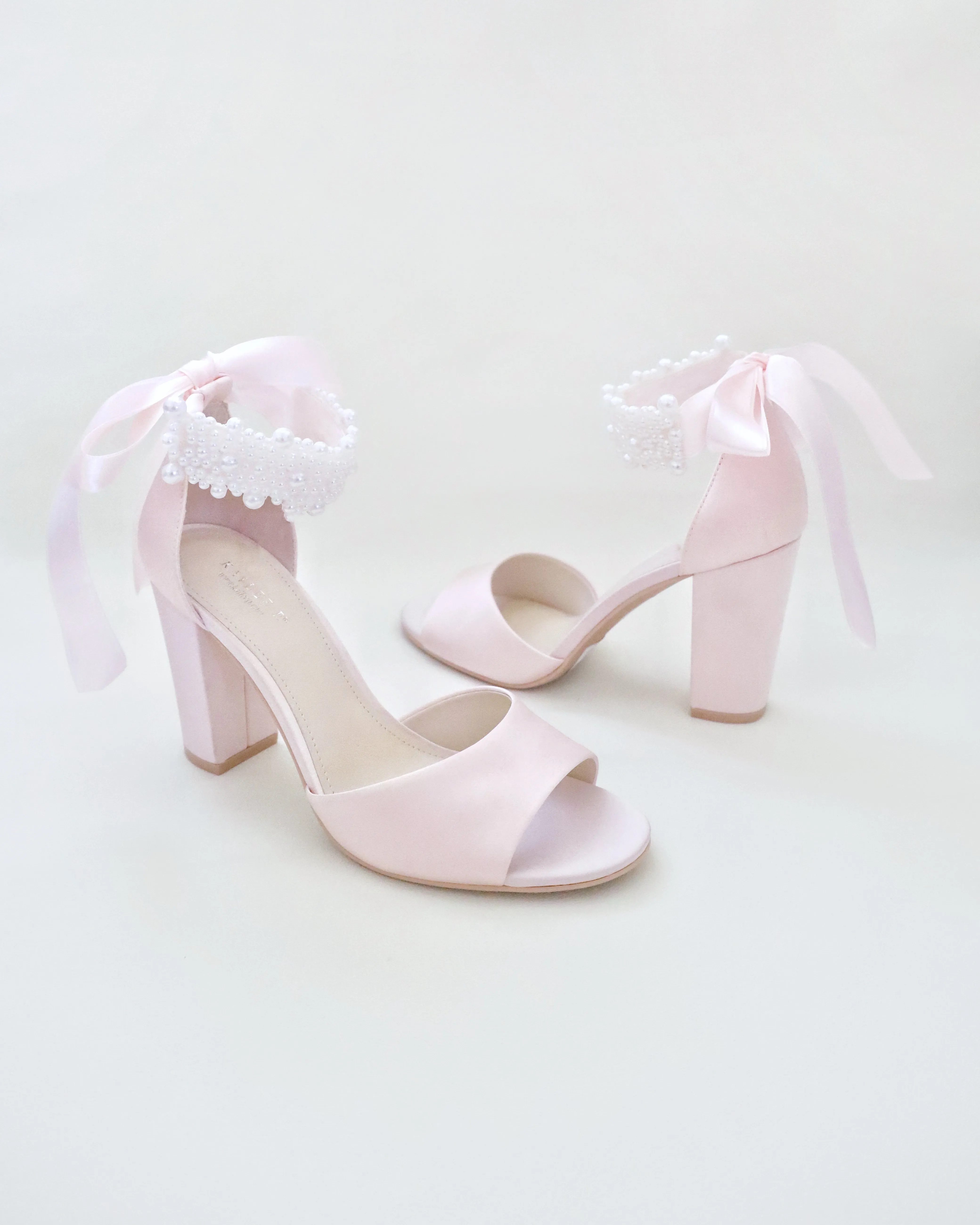 Satin Block Heel Evening Sandals with Perla Ankle Strap