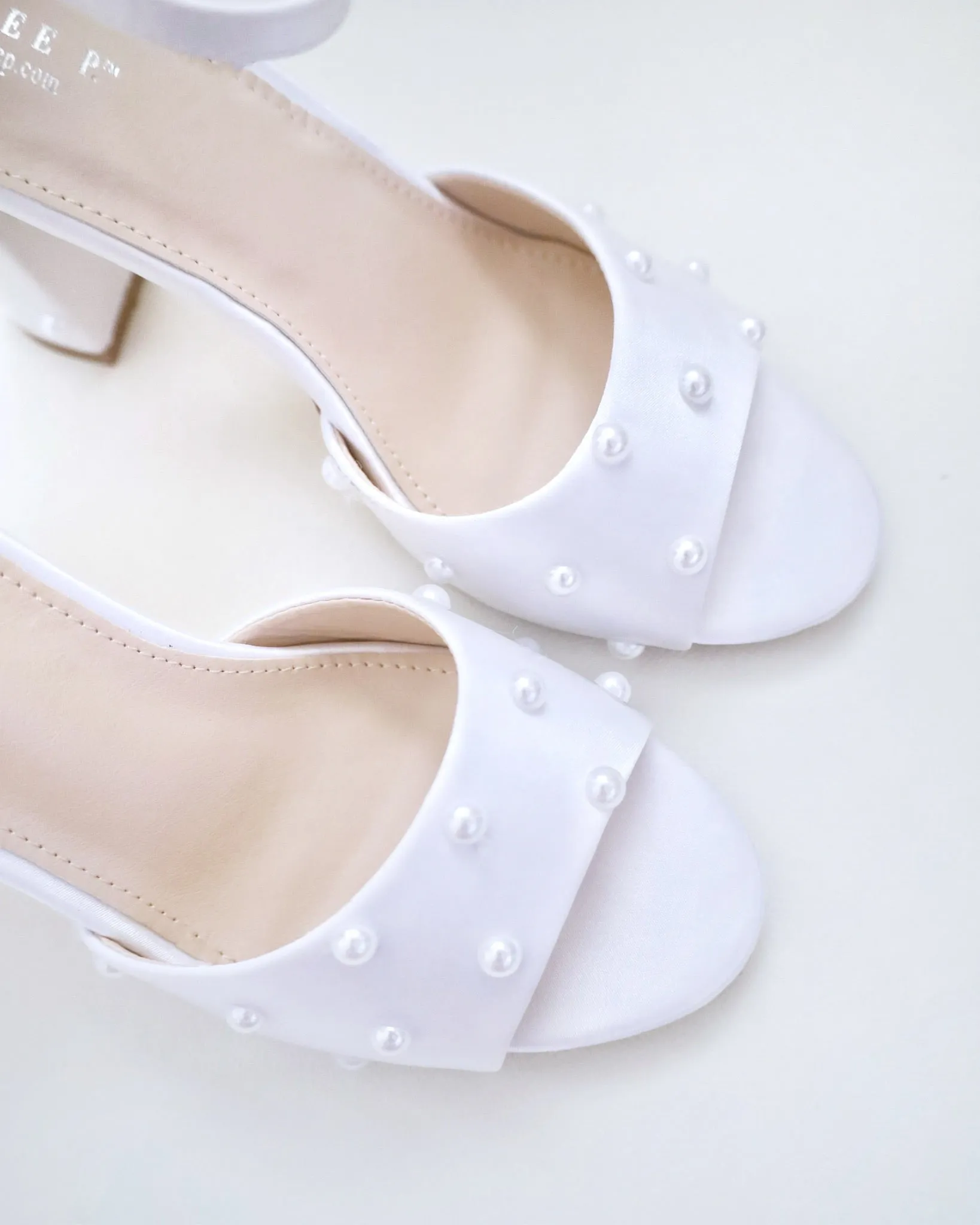 Satin Block Heel Wedding Sandals with Scattered Pearls