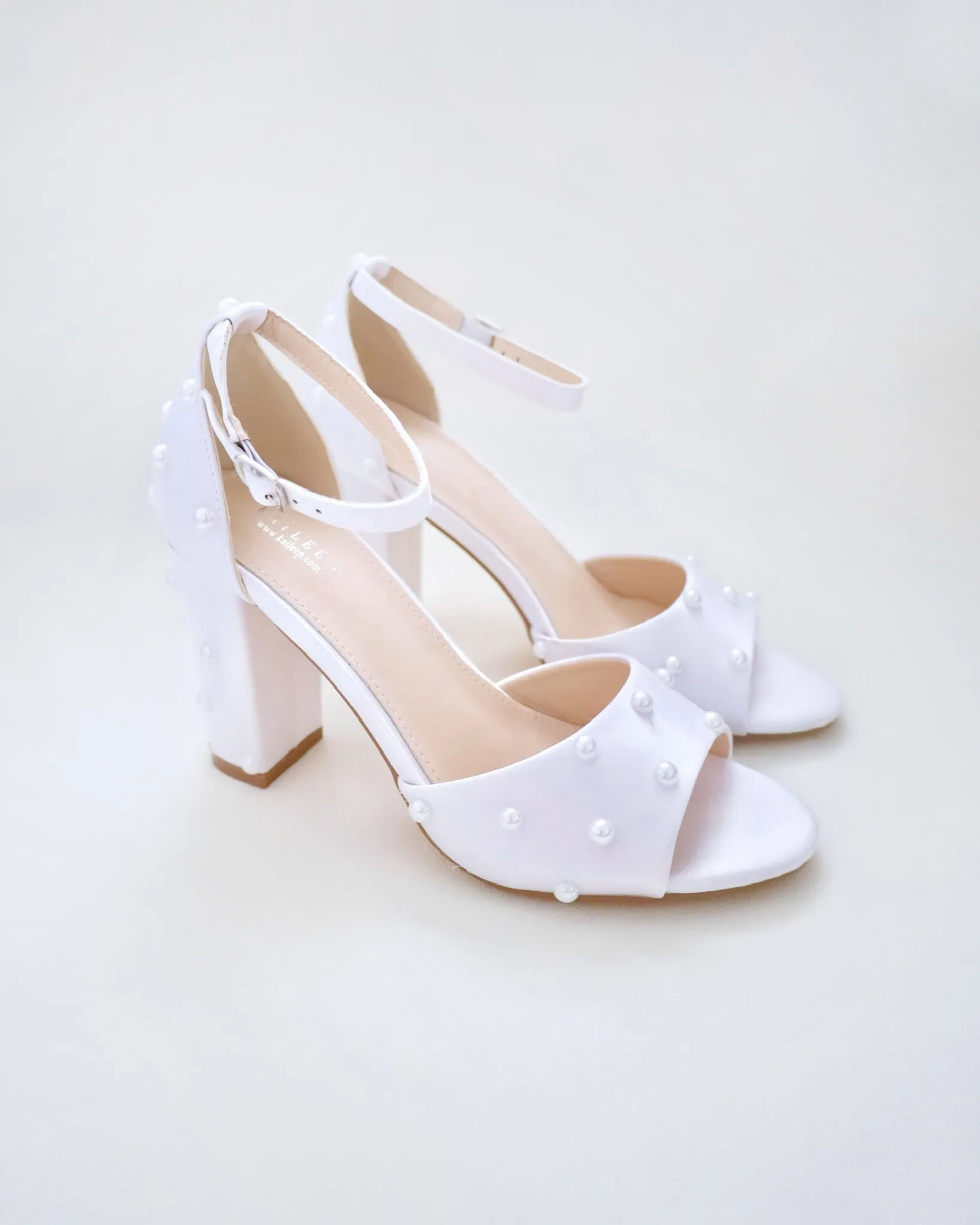 Satin Block Heel Wedding Sandals with Scattered Pearls