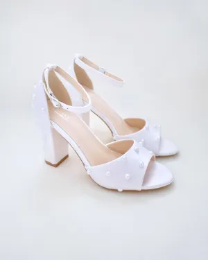 Satin Block Heel Wedding Sandals with Scattered Pearls