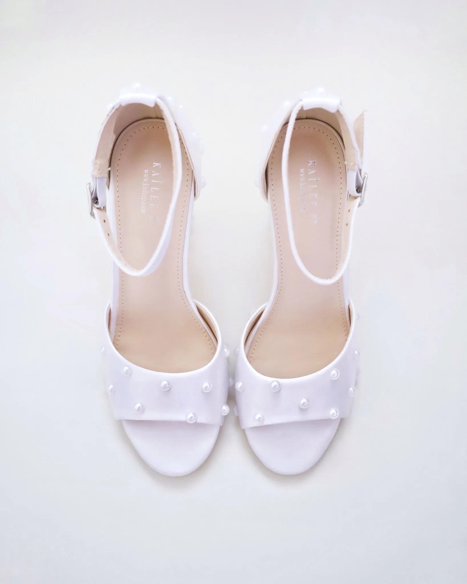 Satin Block Heel Wedding Sandals with Scattered Pearls