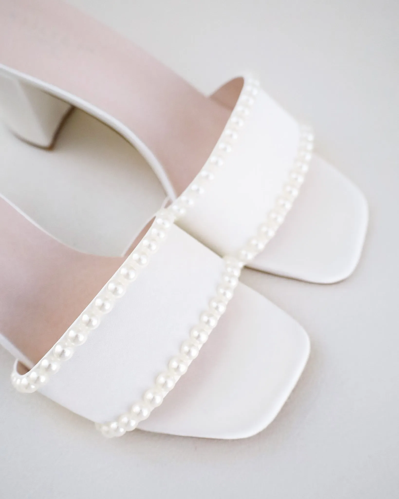 Satin Block Heels Slide Wedding Sandals with Pearls