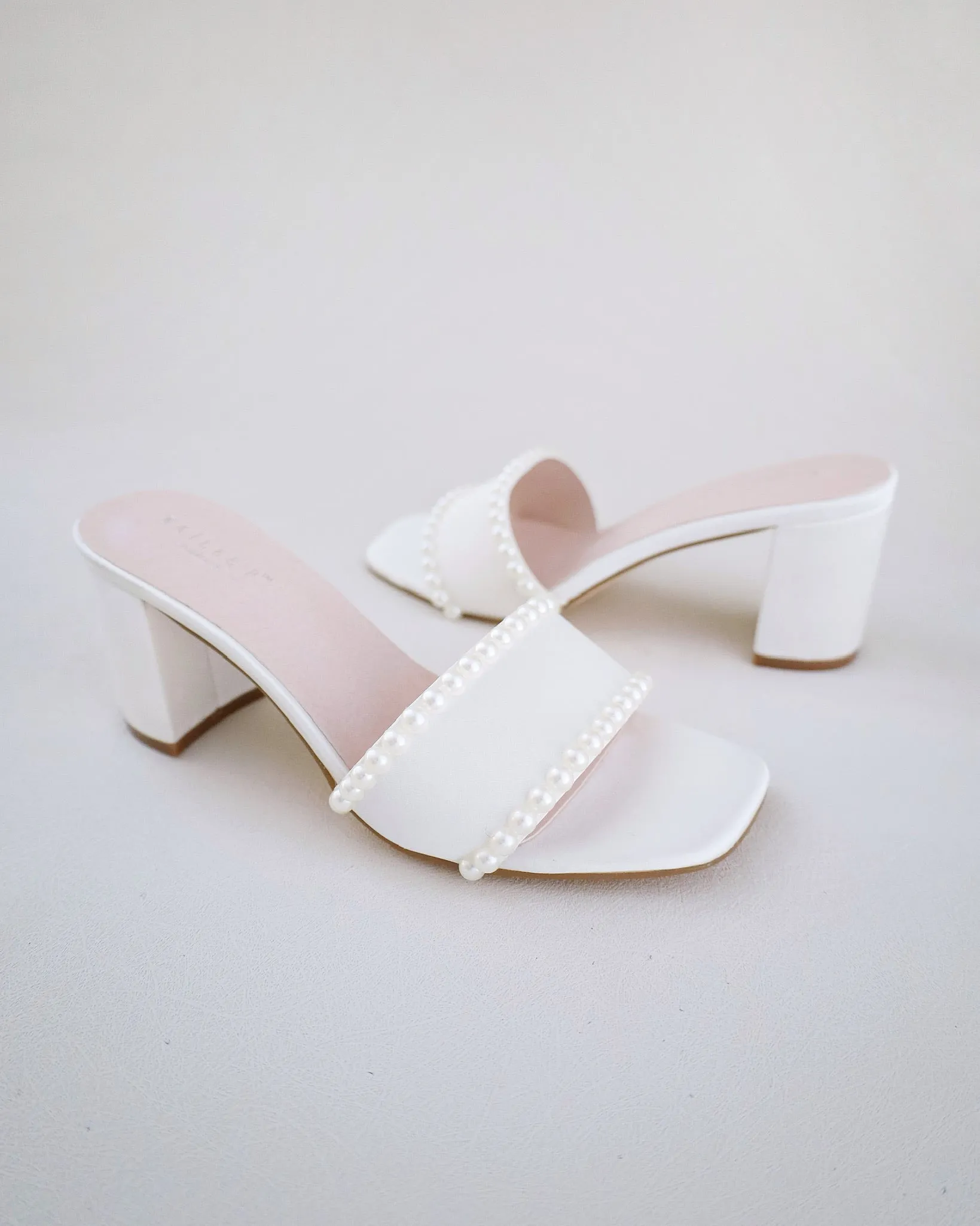 Satin Block Heels Slide Wedding Sandals with Pearls