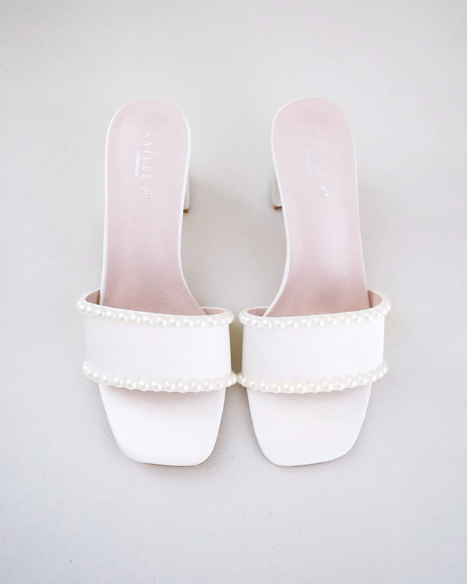 Satin Block Heels Slide Wedding Sandals with Pearls