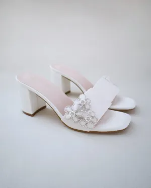 Satin Block Heels Slide Wedding Sandals with Rhinestones Chassia Flower