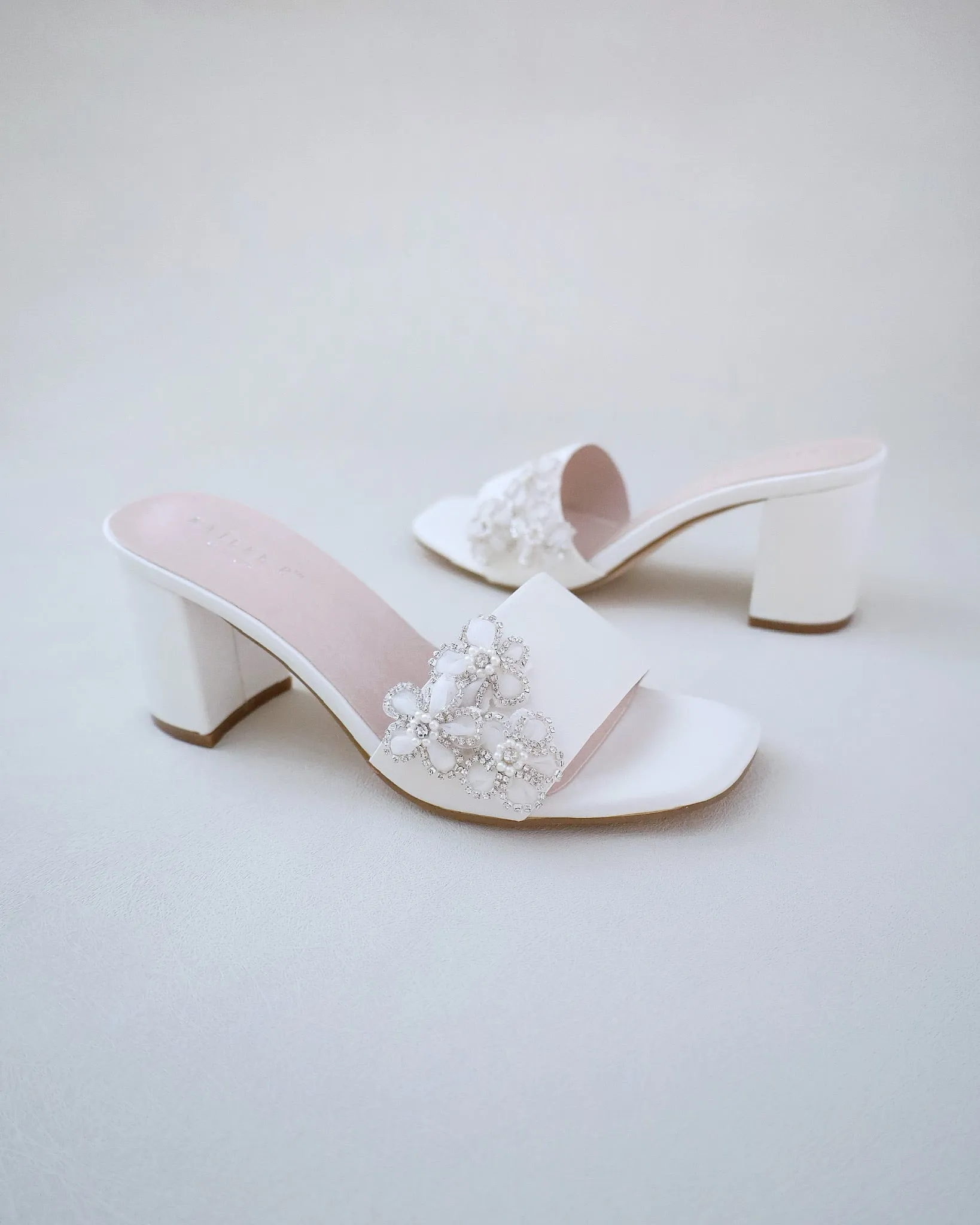 Satin Block Heels Slide Wedding Sandals with Rhinestones Chassia Flower