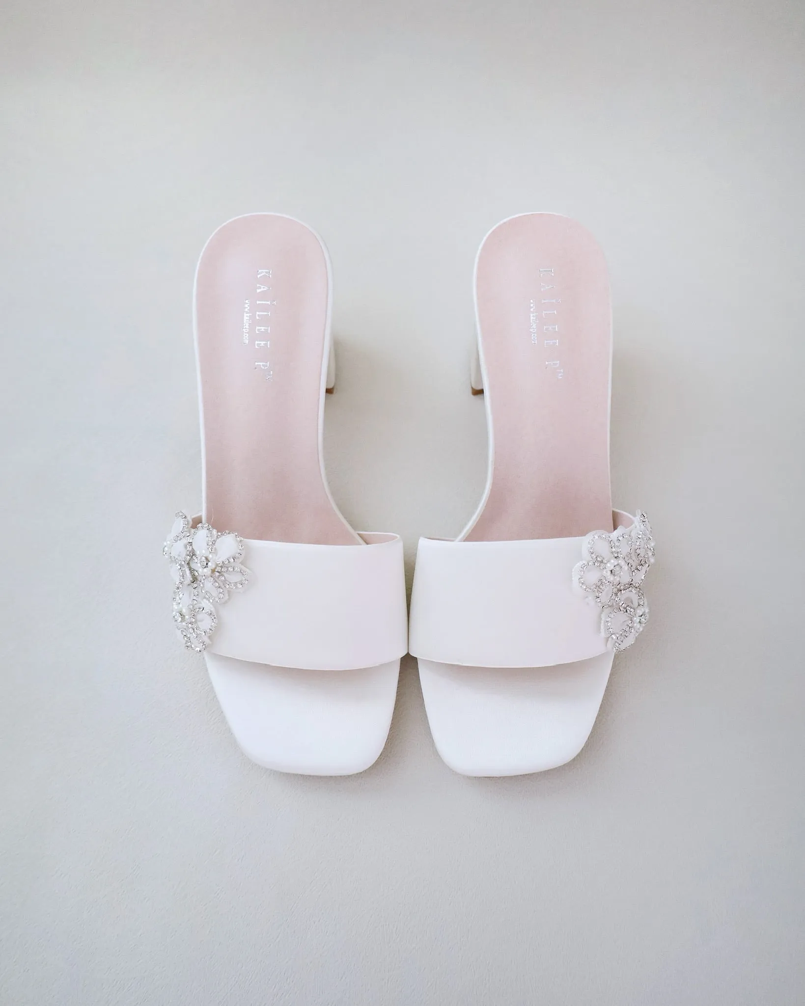 Satin Block Heels Slide Wedding Sandals with Rhinestones Chassia Flower