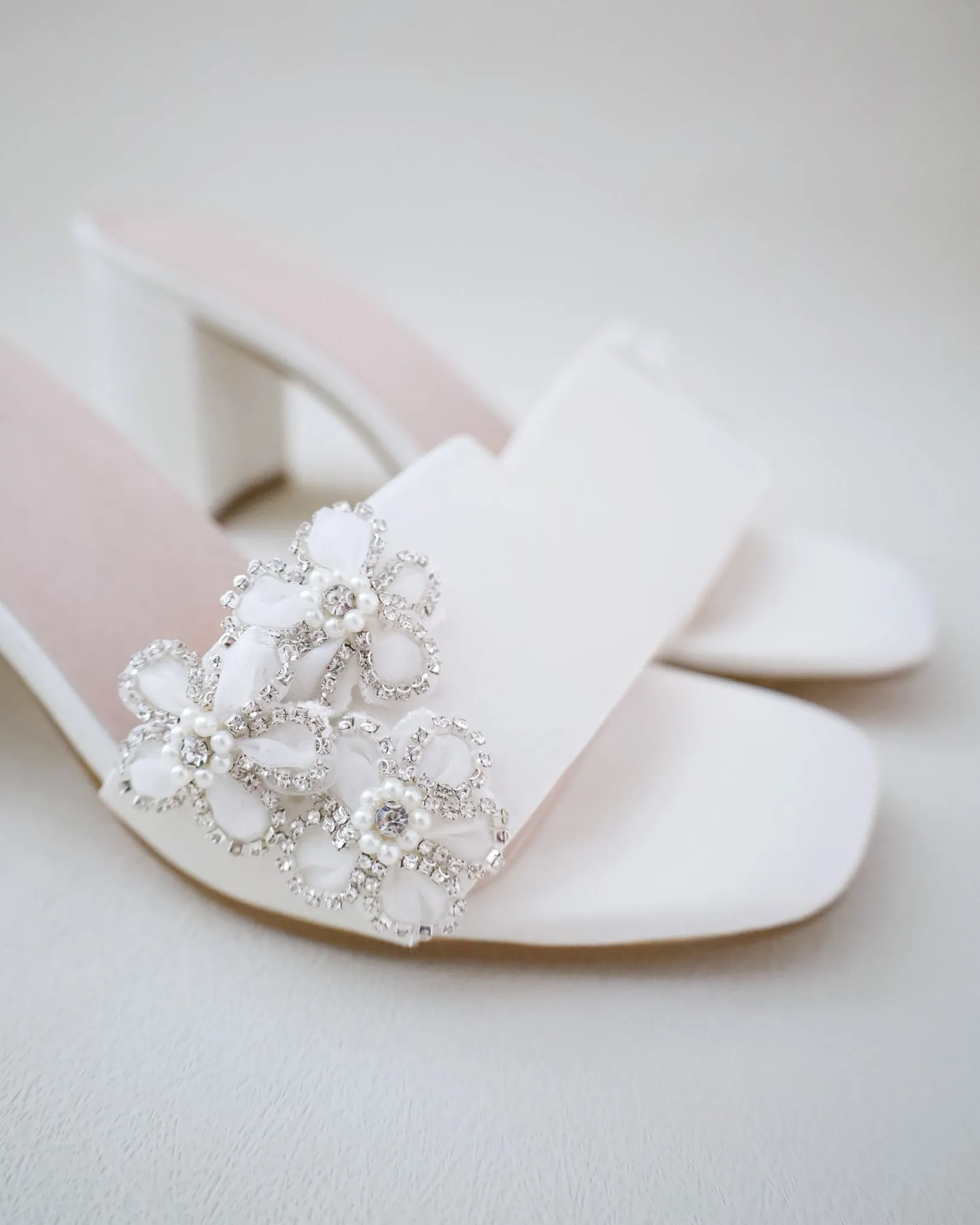 Satin Block Heels Slide Wedding Sandals with Rhinestones Chassia Flower
