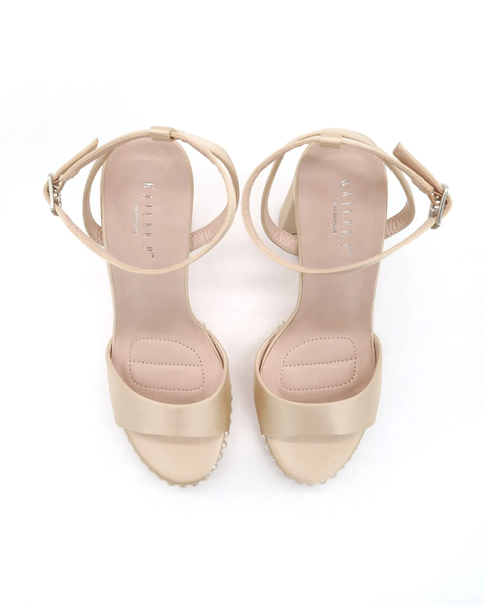 Satin Platform Block Heel Evening Sandals with Pearls