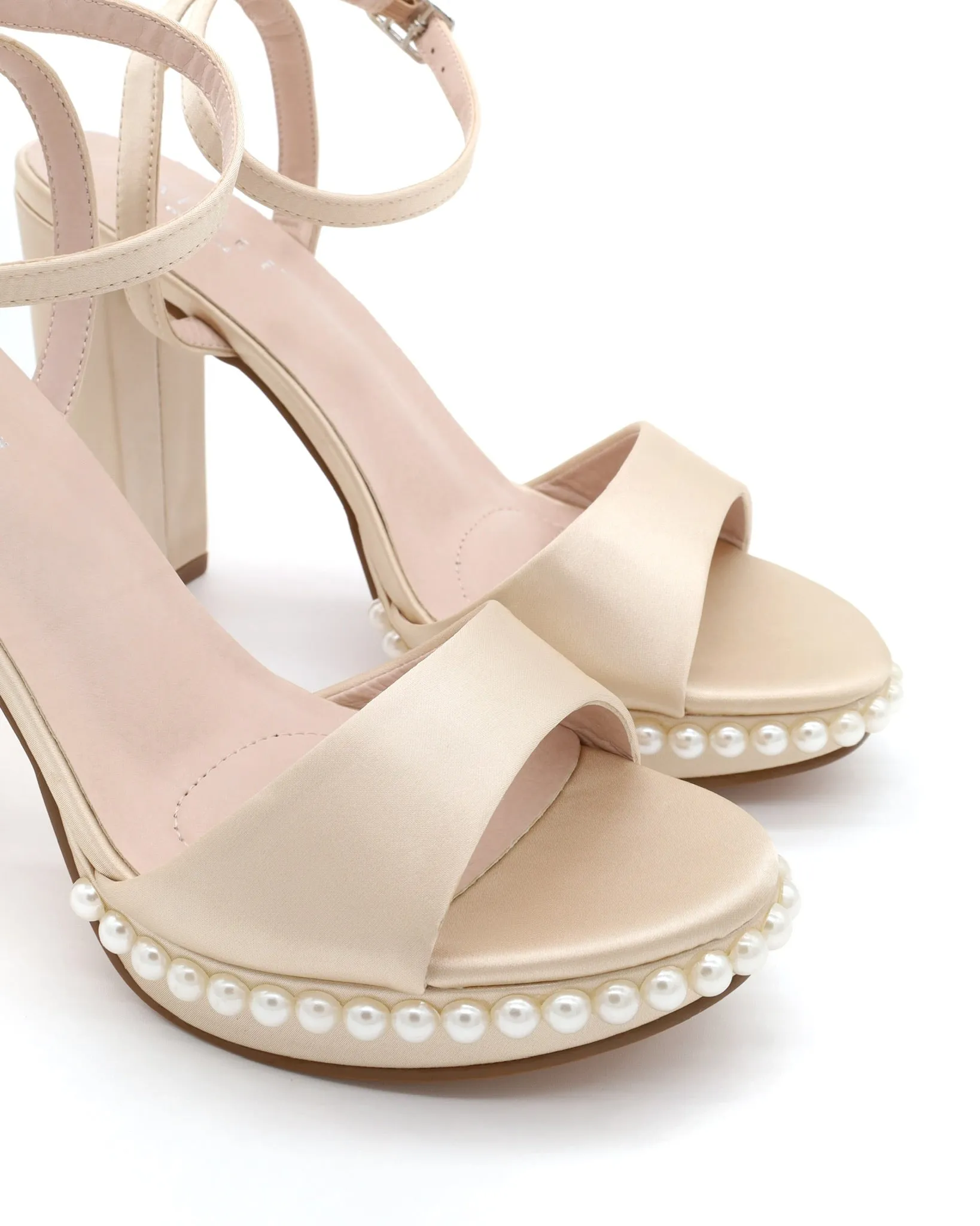 Satin Platform Block Heel Evening Sandals with Pearls
