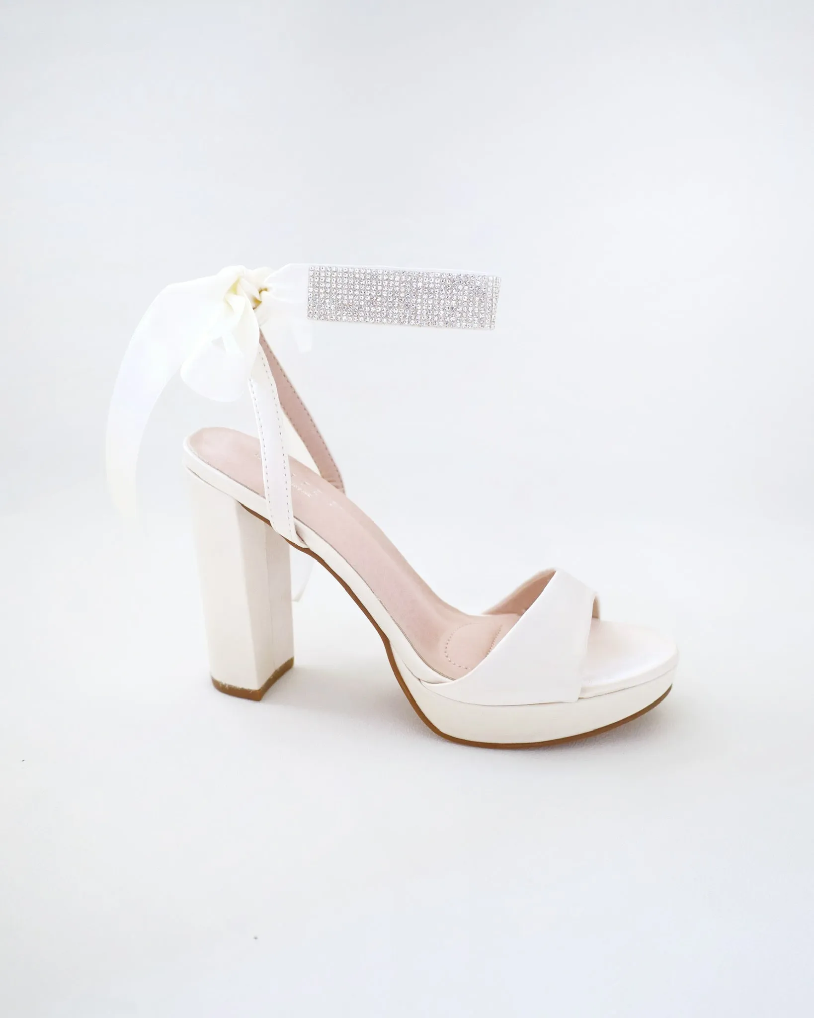 Satin Platform Block Heel Wedding Sandals with Rhinestones Strap