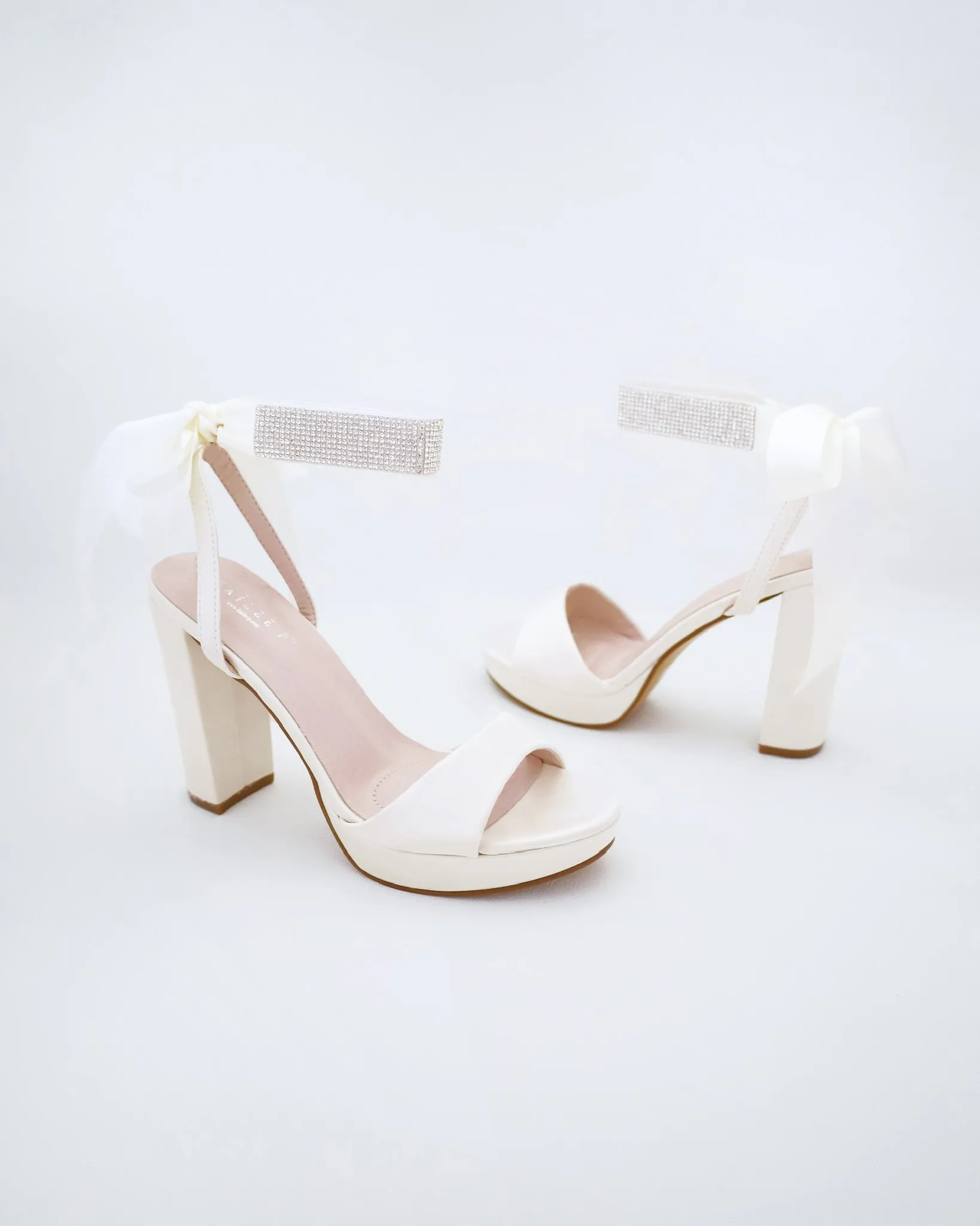 Satin Platform Block Heel Wedding Sandals with Rhinestones Strap