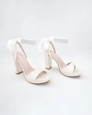 Satin Platform Block Heel Wedding Sandals with Rhinestones Strap
