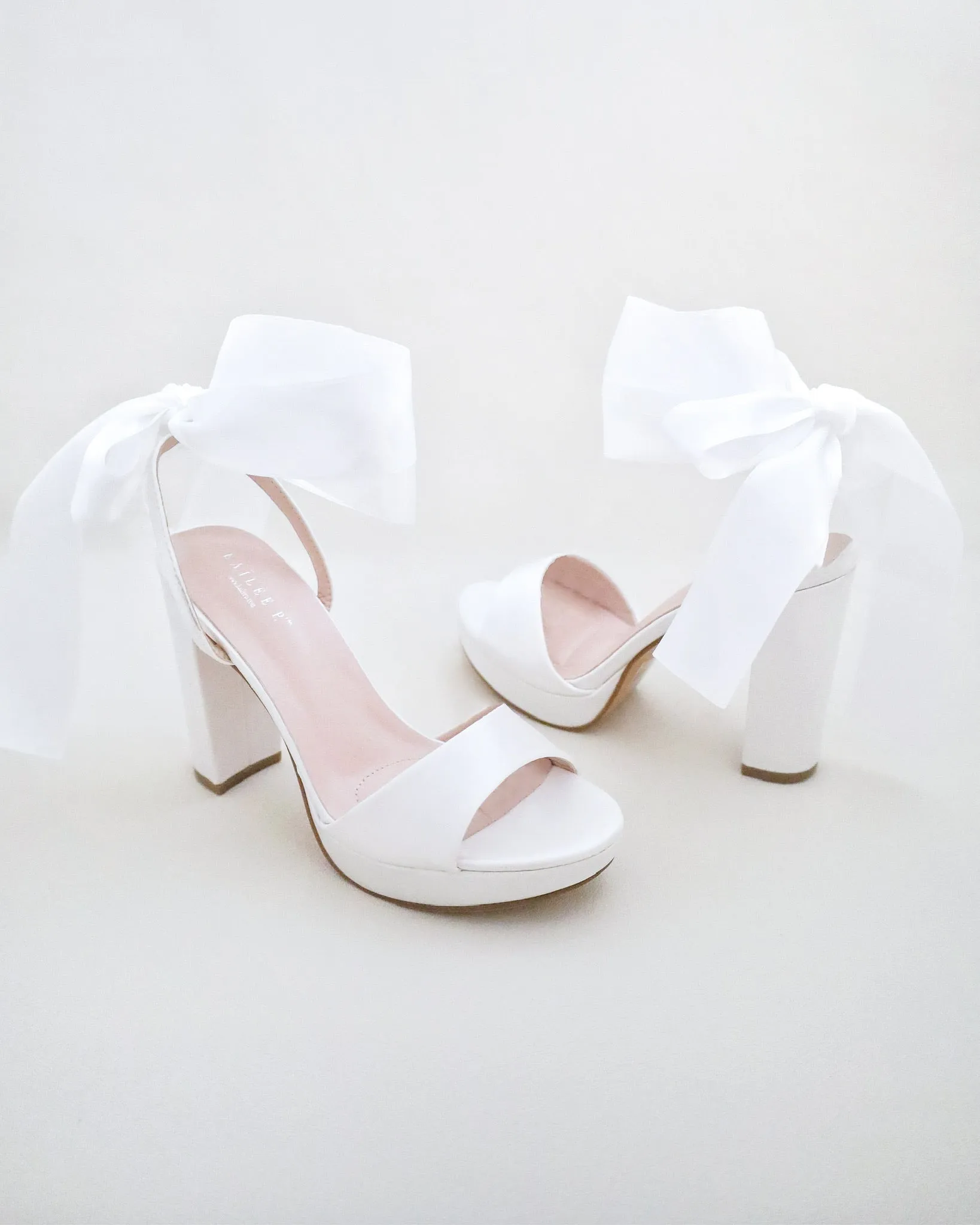 Satin Platform Block Heel Wedding Sandals with Wrapped Ribbon Tie