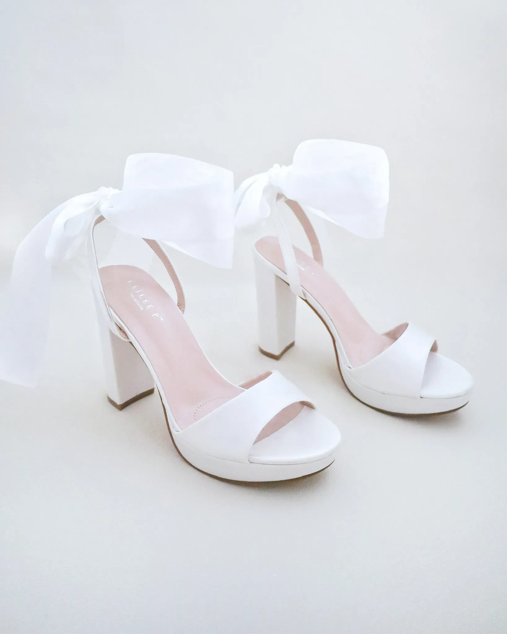 Satin Platform Block Heel Wedding Sandals with Wrapped Ribbon Tie