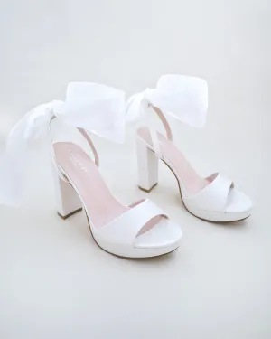 Satin Platform Block Heel Wedding Sandals with Wrapped Ribbon Tie