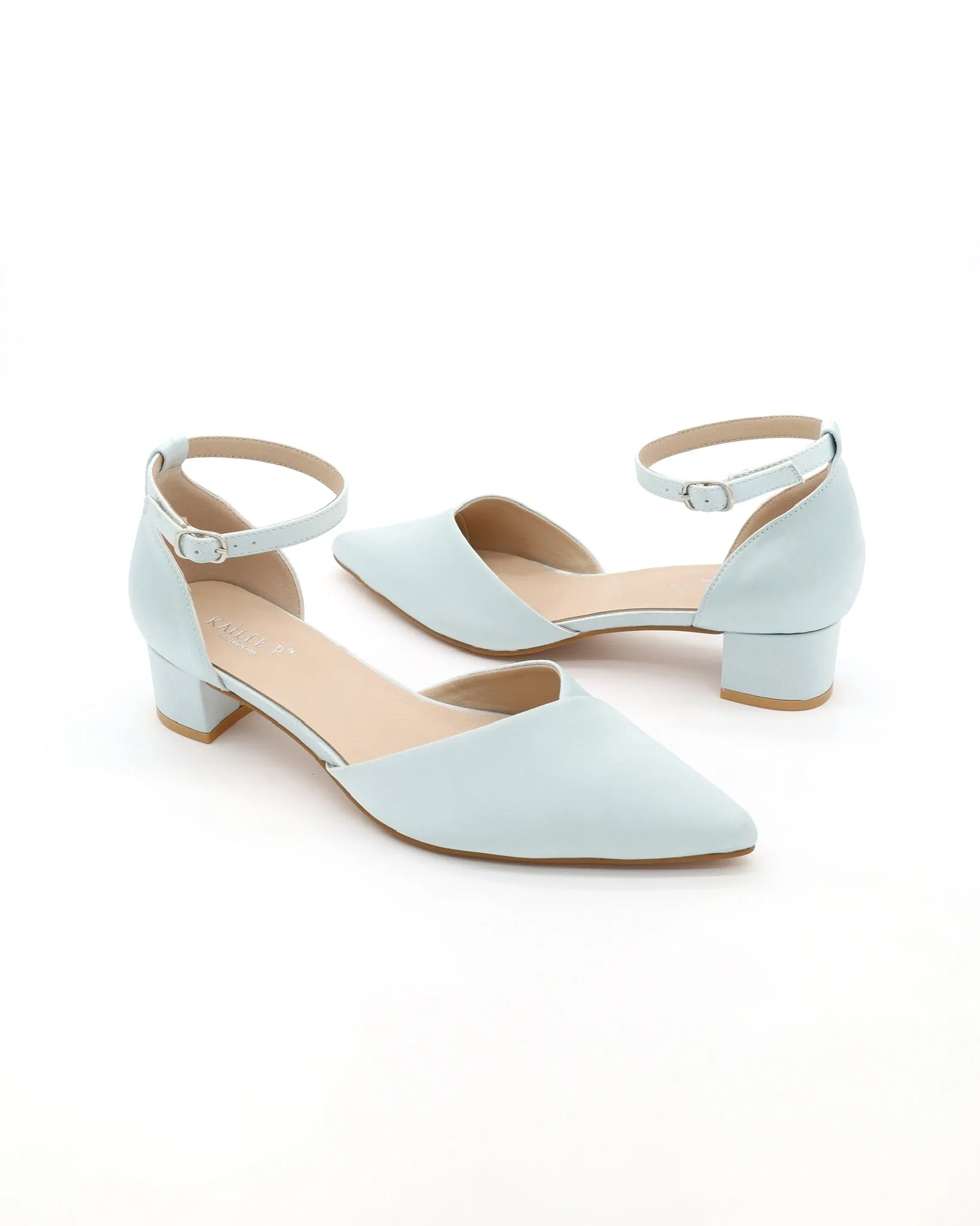 Satin Pointy Toe Low Block Heels Wedding Shoes