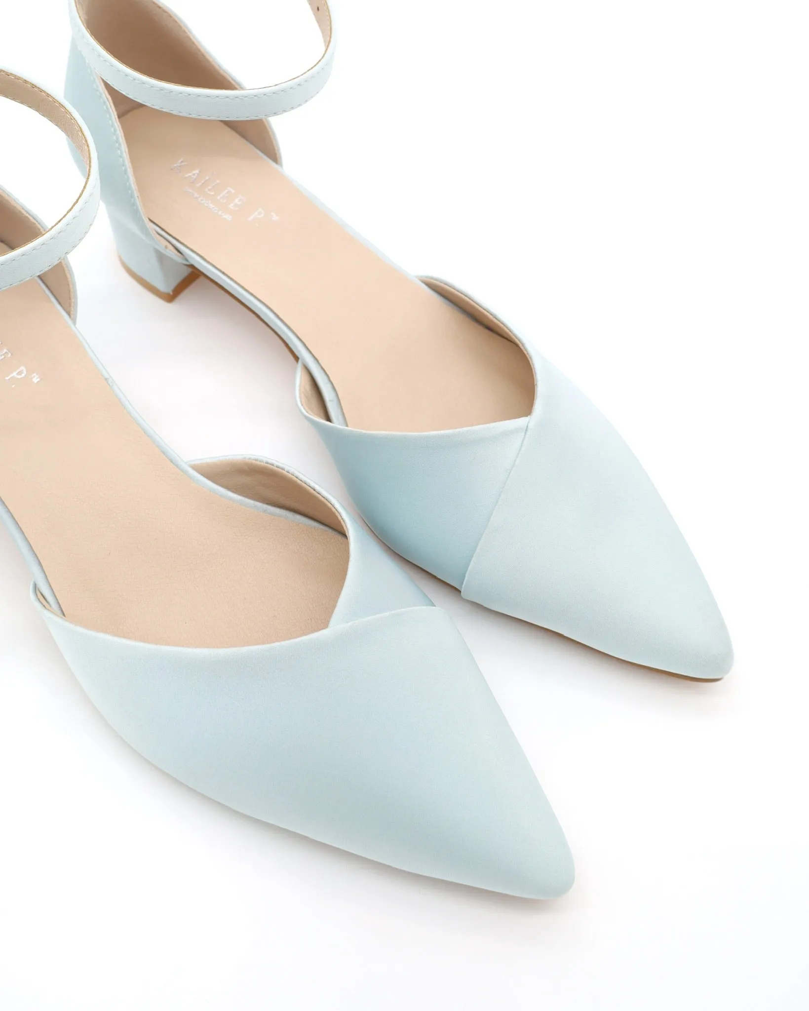 Satin Pointy Toe Low Block Heels Wedding Shoes
