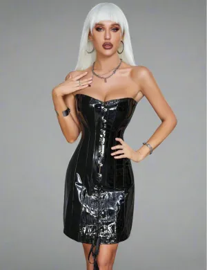 Scandals Strapless Corset Dress - Shiny Black Sleeveless Lace-Up Ribbon Cinched Dress with Figure-Enhancing Boning