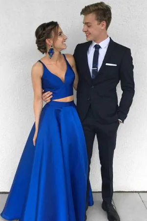 Sexy Royal Blue Two-Piece Long Prom Dresses,Simple Satin Blue Formal Evening Dress OK414