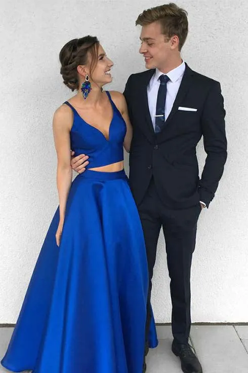 Sexy Royal Blue Two-Piece Long Prom Dresses,Simple Satin Blue Formal Evening Dress OK414