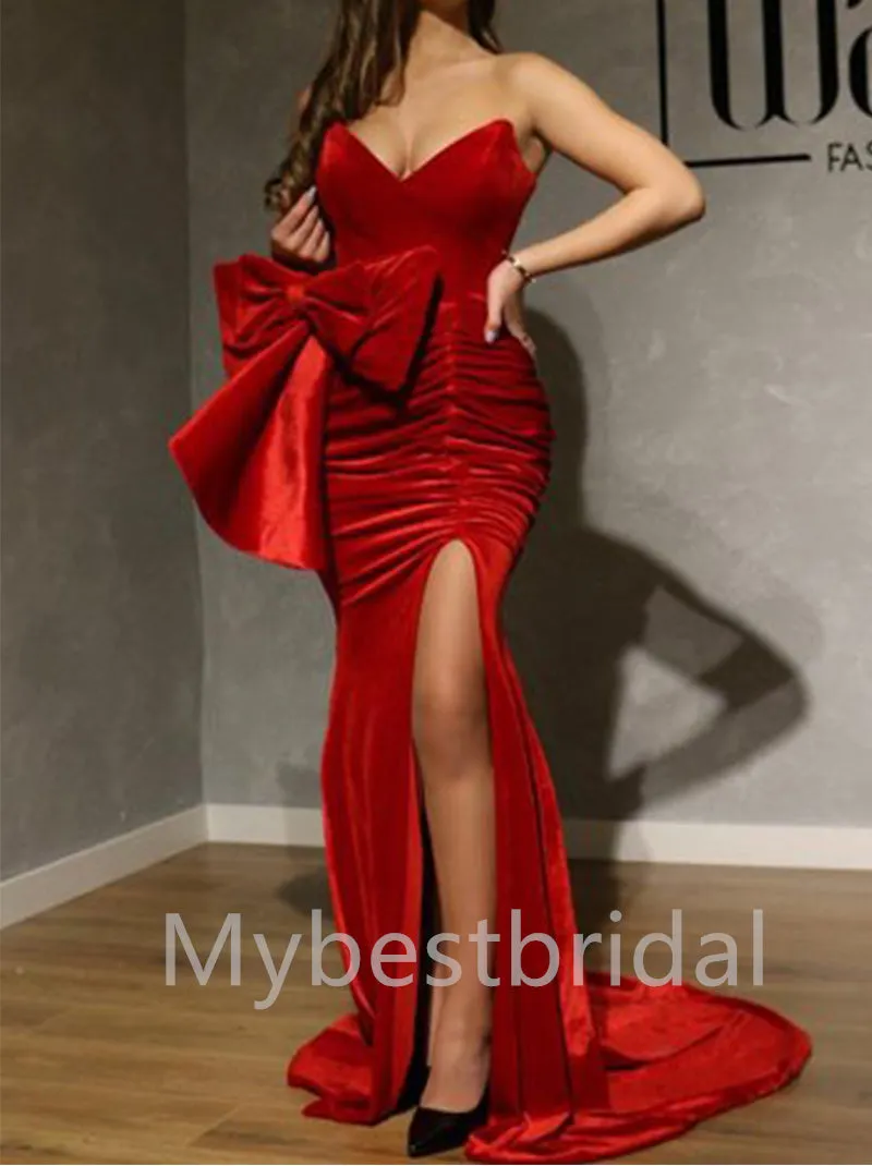 Sexy V-neck Bowknot Side slit Mermaid Prom Dresses , PDS0421