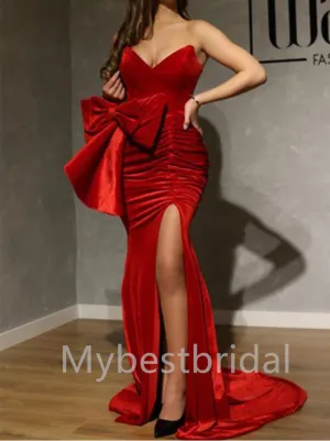 Sexy V-neck Bowknot Side slit Mermaid Prom Dresses , PDS0421