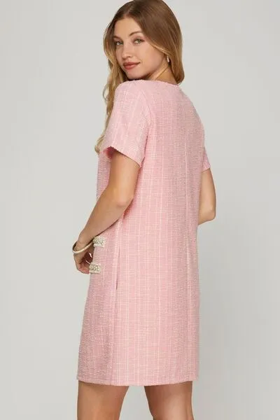 She   Sky Full Size Short Sleeve Pearl Studded Trim Knit Tweed Dress Plus Size