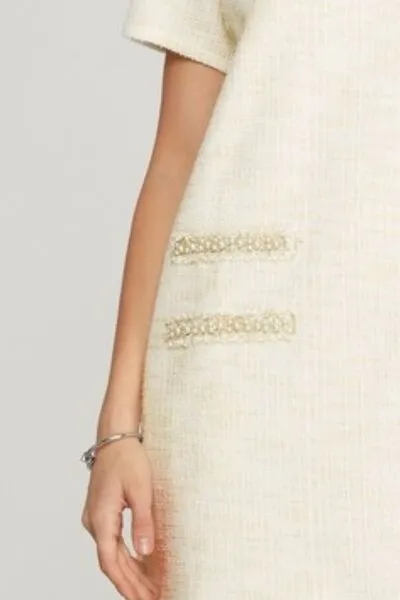 She   Sky Full Size Short Sleeve Pearl Studded Trim Knit Tweed Dress Plus Size
