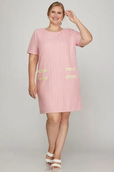 She   Sky Full Size Short Sleeve Pearl Studded Trim Knit Tweed Dress Plus Size