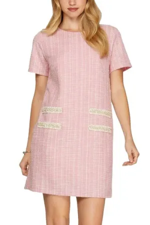 She   Sky Full Size Short Sleeve Pearl Studded Trim Knit Tweed Dress Plus Size