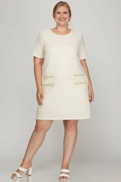 She   Sky Full Size Short Sleeve Pearl Studded Trim Knit Tweed Dress Plus Size
