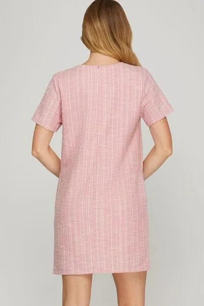 She   Sky Full Size Short Sleeve Pearl Studded Trim Knit Tweed Dress Plus Size