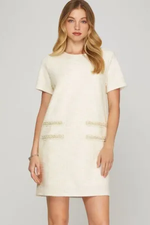 She   Sky Full Size Short Sleeve Pearl Studded Trim Knit Tweed Dress Plus Size