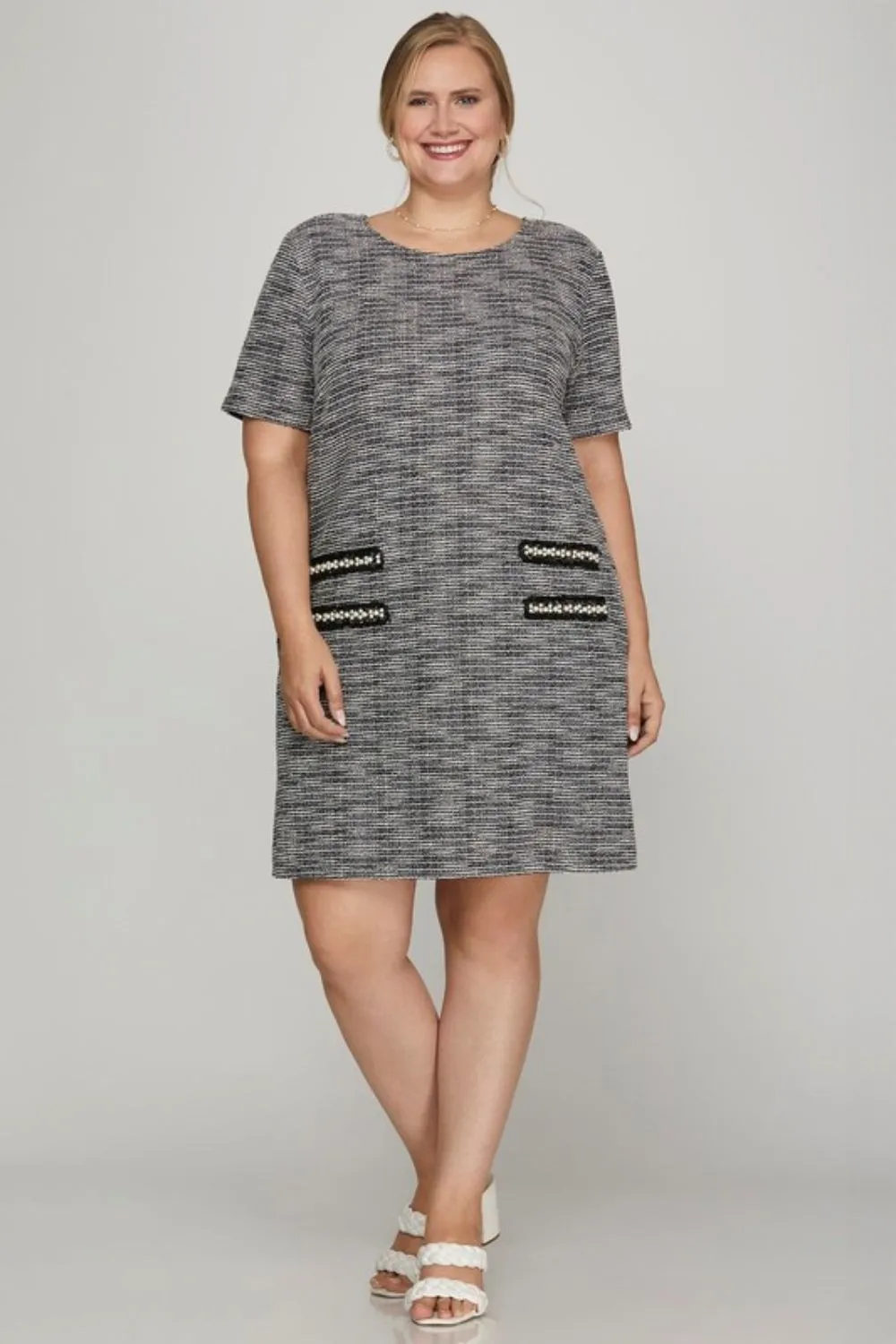She   Sky Full Size Short Sleeve Pearl Studded Trim Knit Tweed Dress Plus Size