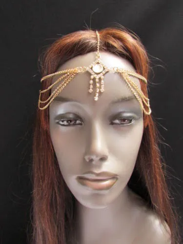 Silver Gold Metal Head Band Forehead Big Square Multi Rhinestones Multi Drapes Hair