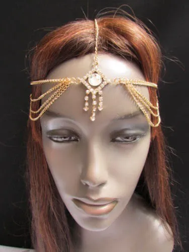 Silver Gold Metal Head Band Forehead Big Square Multi Rhinestones Multi Drapes Hair