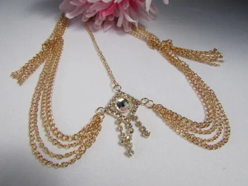 Silver Gold Metal Head Band Forehead Big Square Multi Rhinestones Multi Drapes Hair