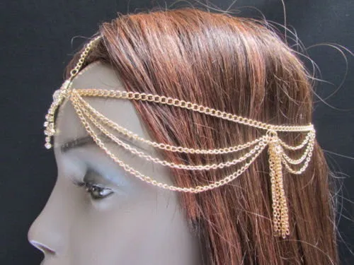 Silver Gold Metal Head Band Forehead Big Square Multi Rhinestones Multi Drapes Hair