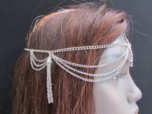 Silver Gold Metal Head Band Forehead Big Square Multi Rhinestones Multi Drapes Hair