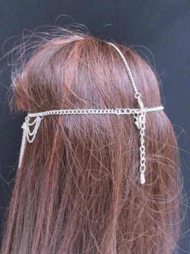 Silver Gold Metal Head Band Forehead Big Square Multi Rhinestones Multi Drapes Hair